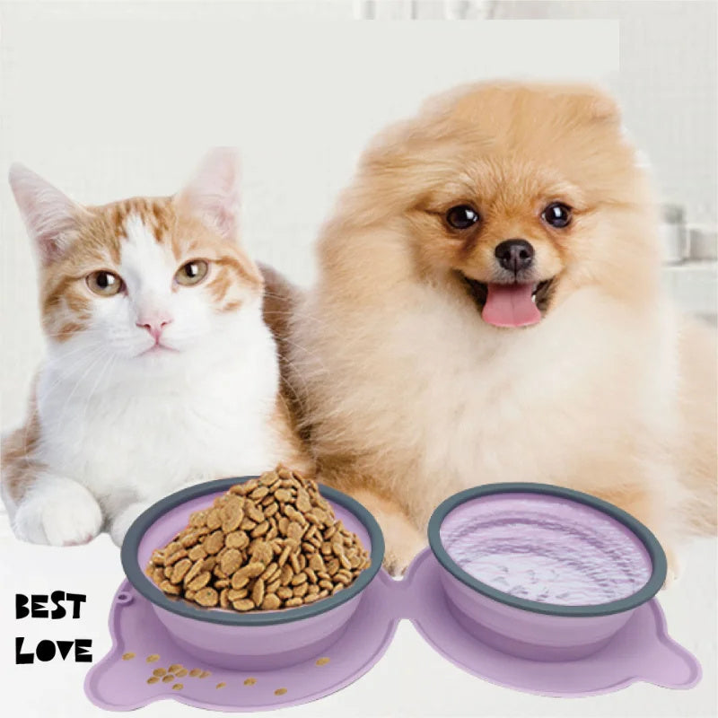 Silicone Double Pet Bowls - Foldable, Anti-Choke, Outdoor Use